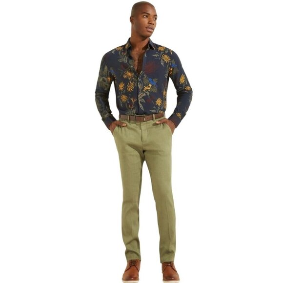 NWOT GUESS MARCIANO Majorelle Floral Print Bird Shirt 43 L Collar Button Down - Picture 4 of 4